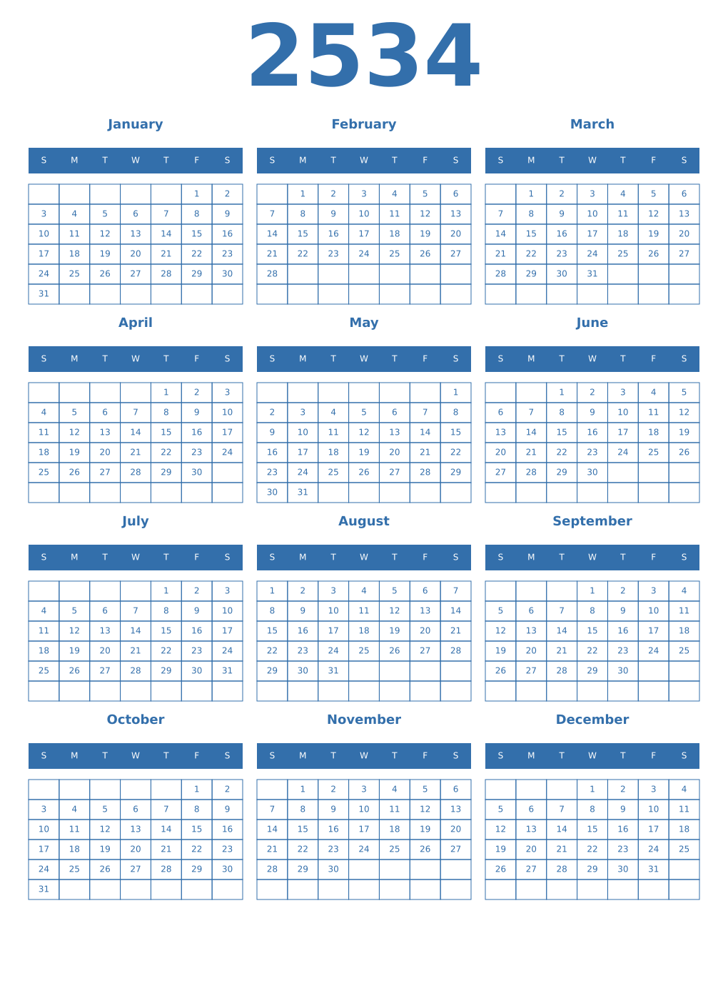 Printable 2534 Year Calendars blue