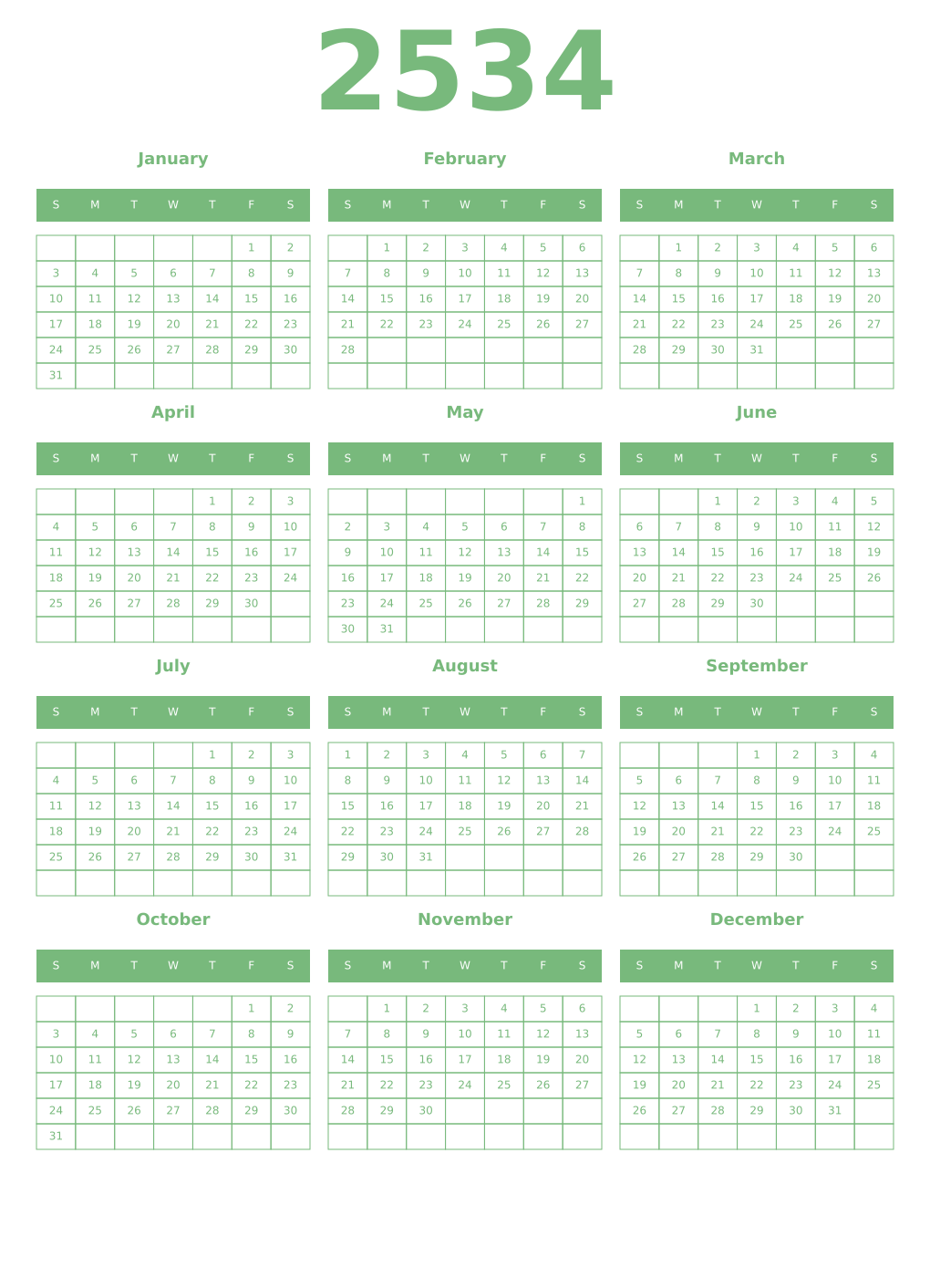 Printable 2534 Year Calendars celadon