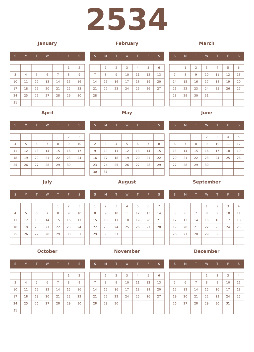 Printable 2534 Year Calendars coffe