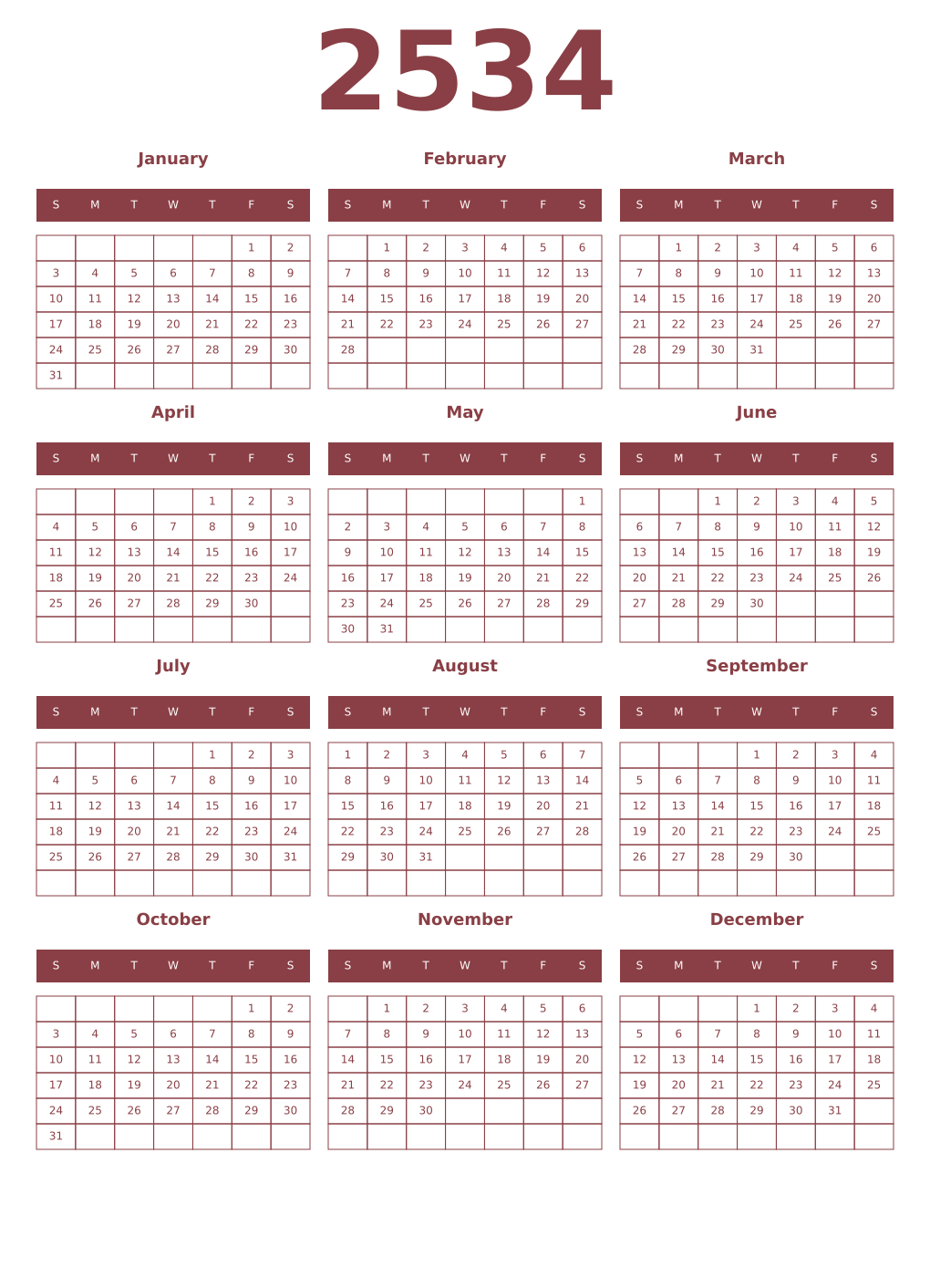 Printable 2534 Year Calendars cordovan