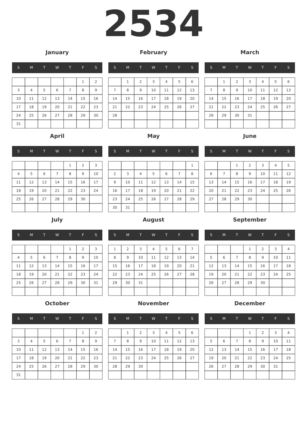 Printable 2534 Year Calendars dark