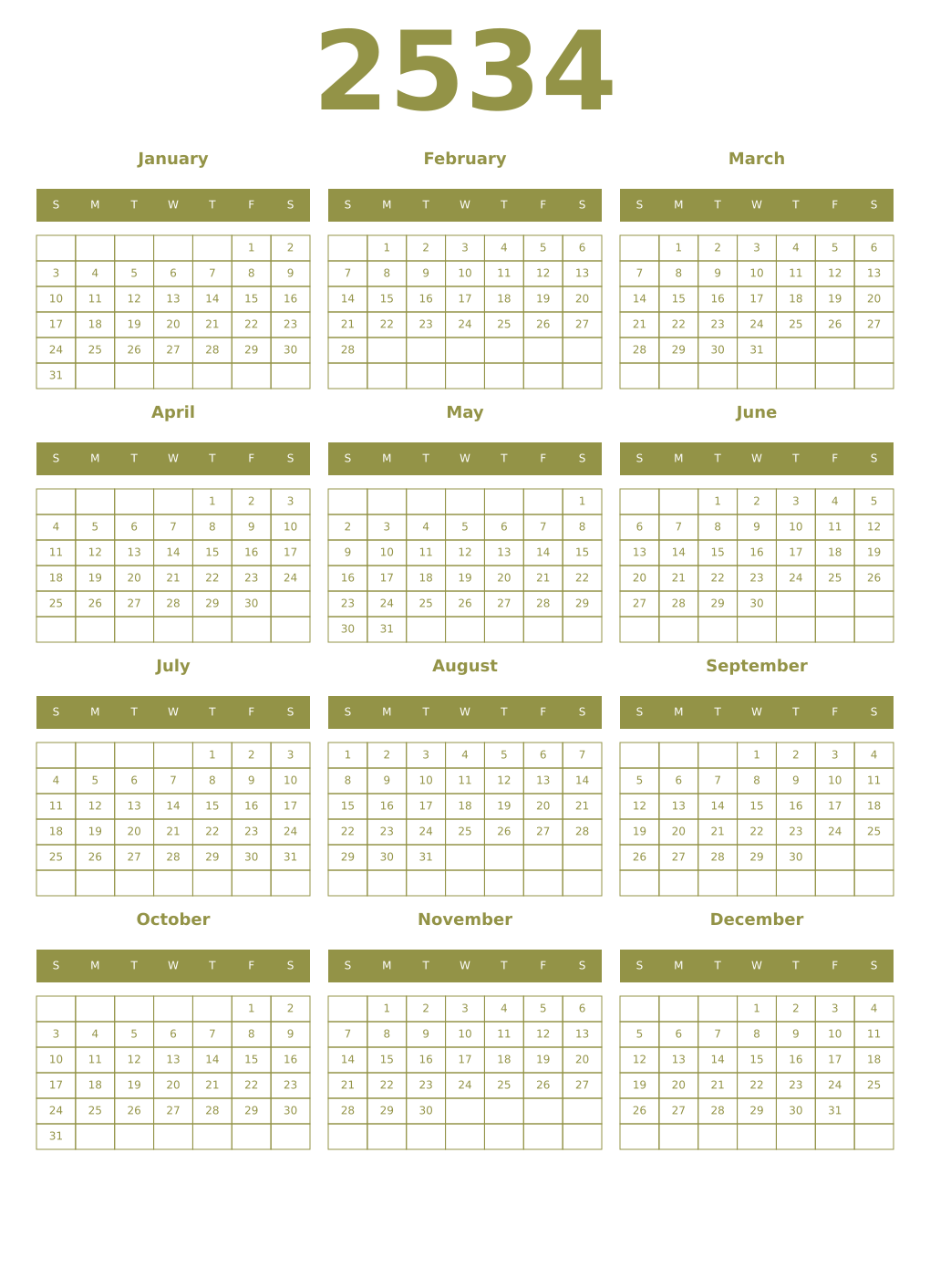 Printable 2534 Year Calendars eburnean