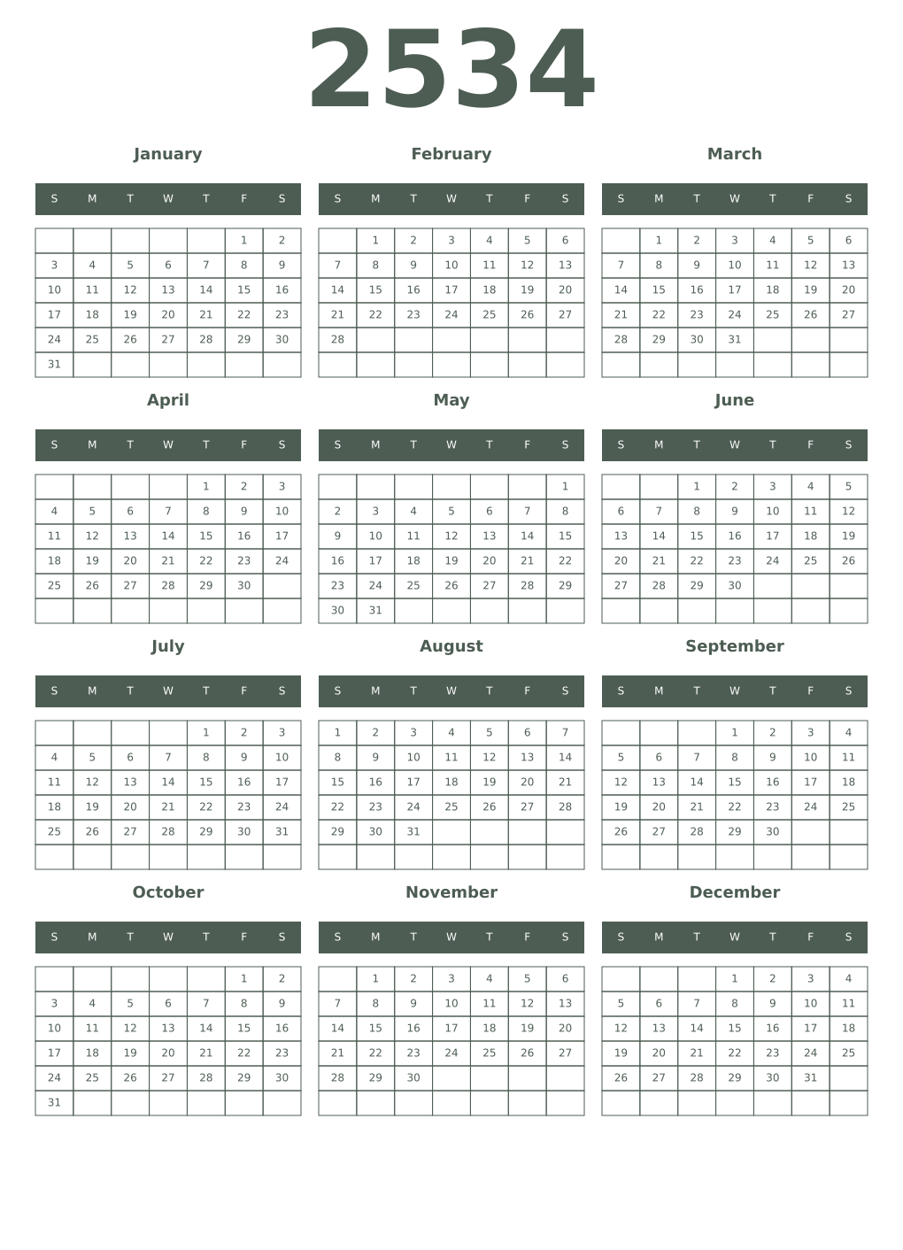 Printable 2534 Year Calendars feldgrau