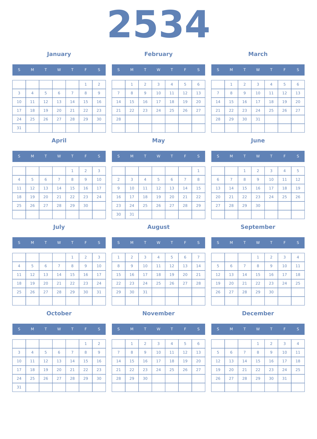 Printable 2534 Year Calendars glaucous