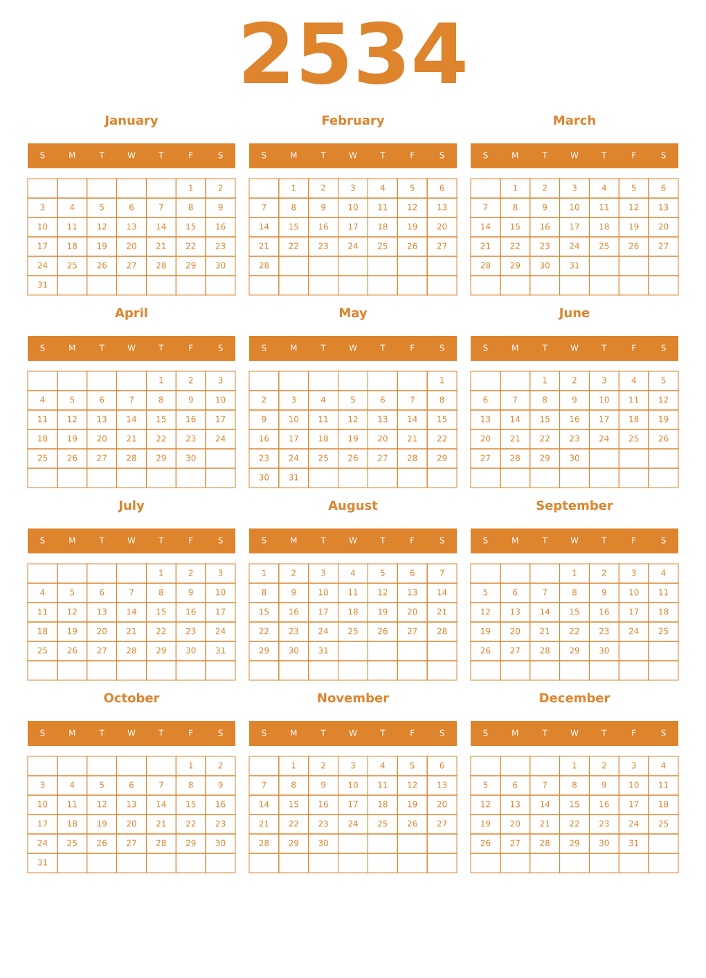 Printable 2534 Year Calendars orange