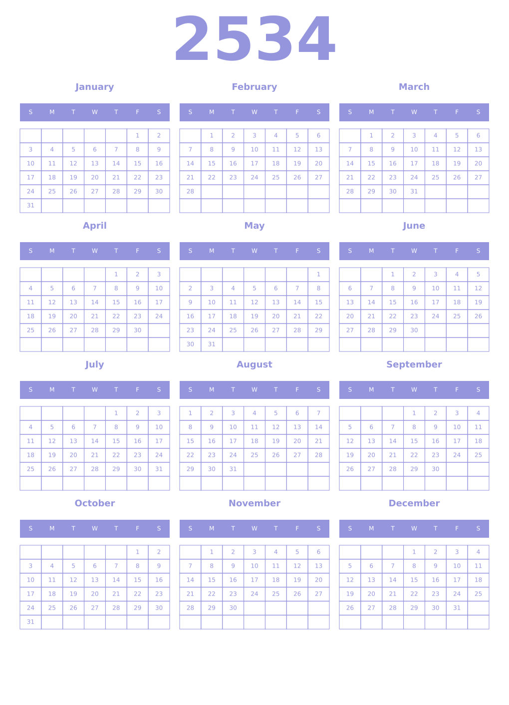 Printable 2534 Year Calendars periwinkle
