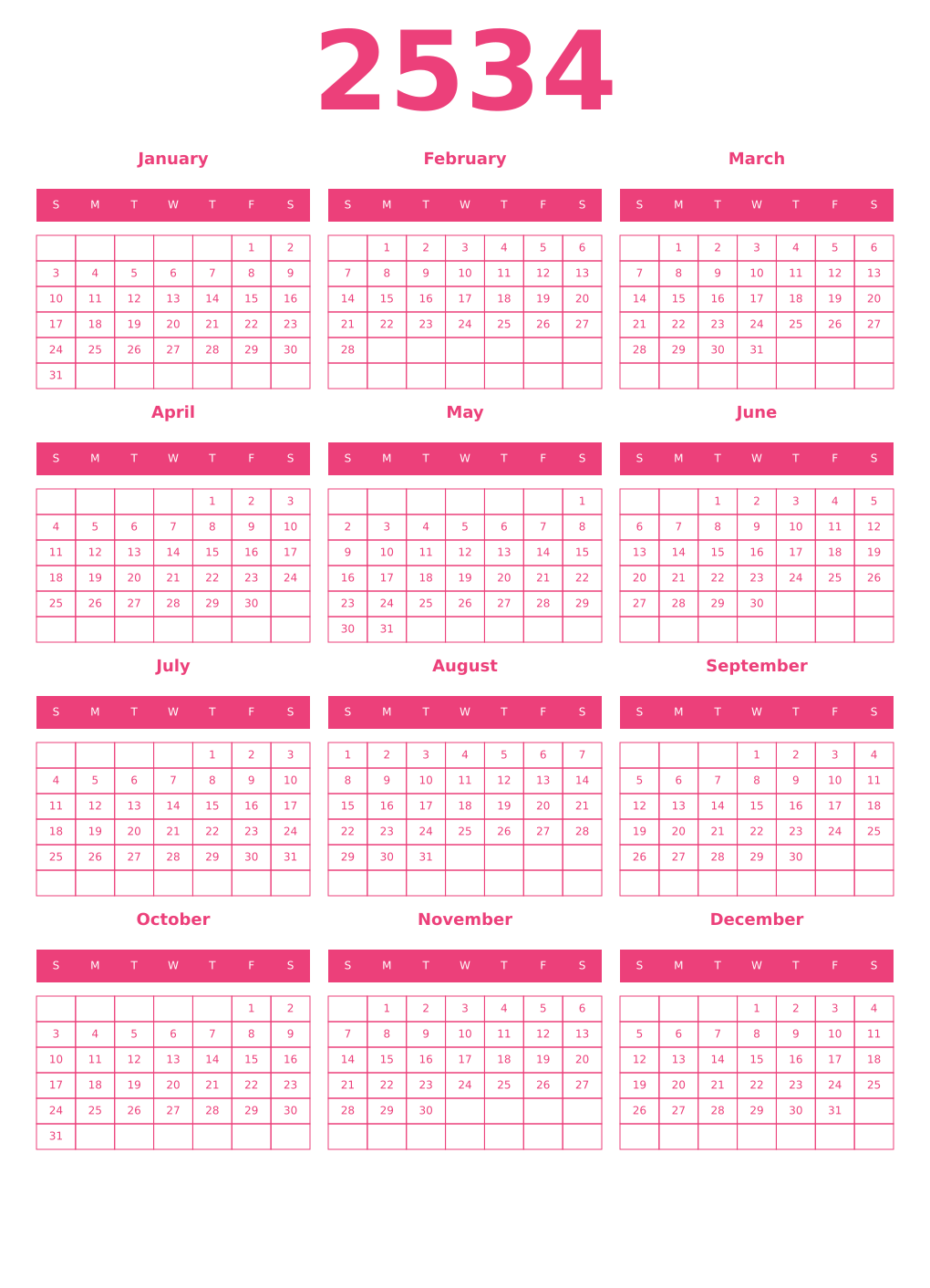 Printable 2534 Year Calendars pink