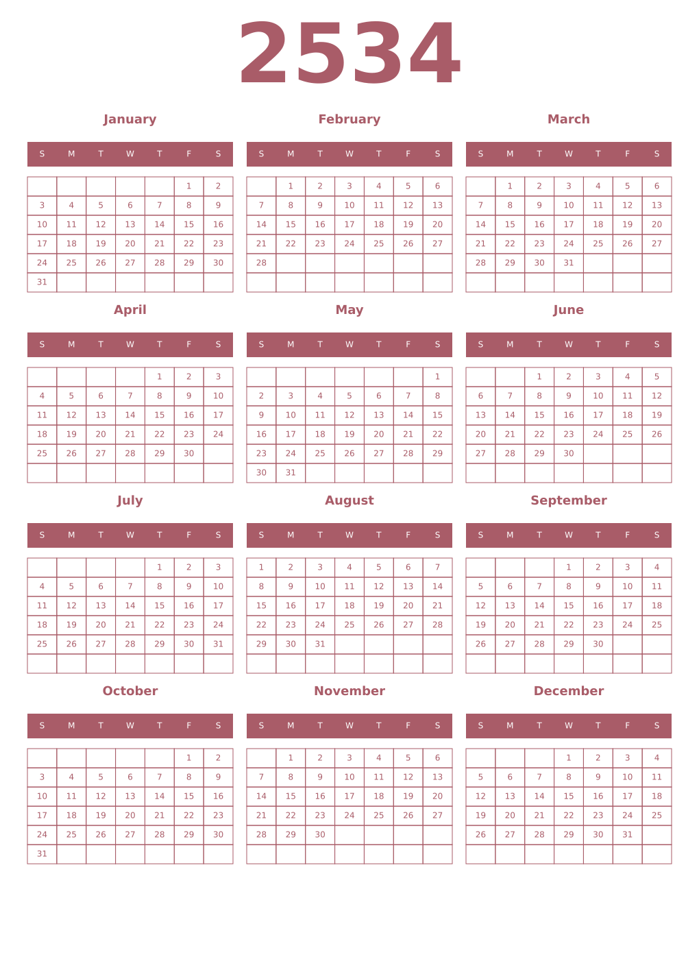 Printable 2534 Year Calendars puce