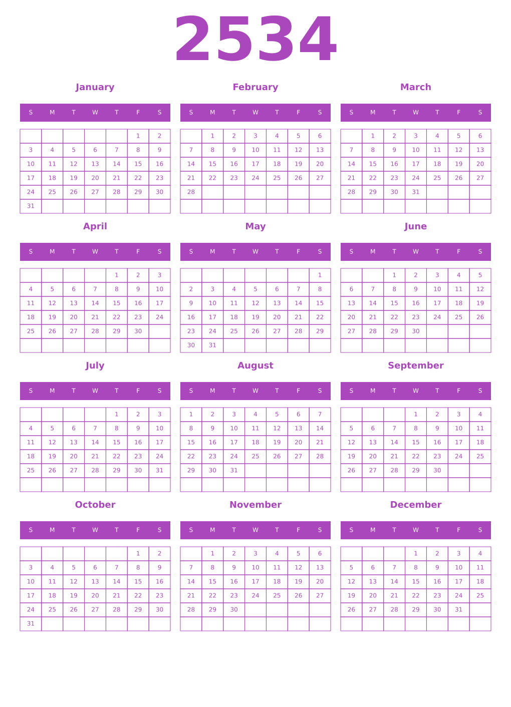 Printable 2534 Year Calendars purple