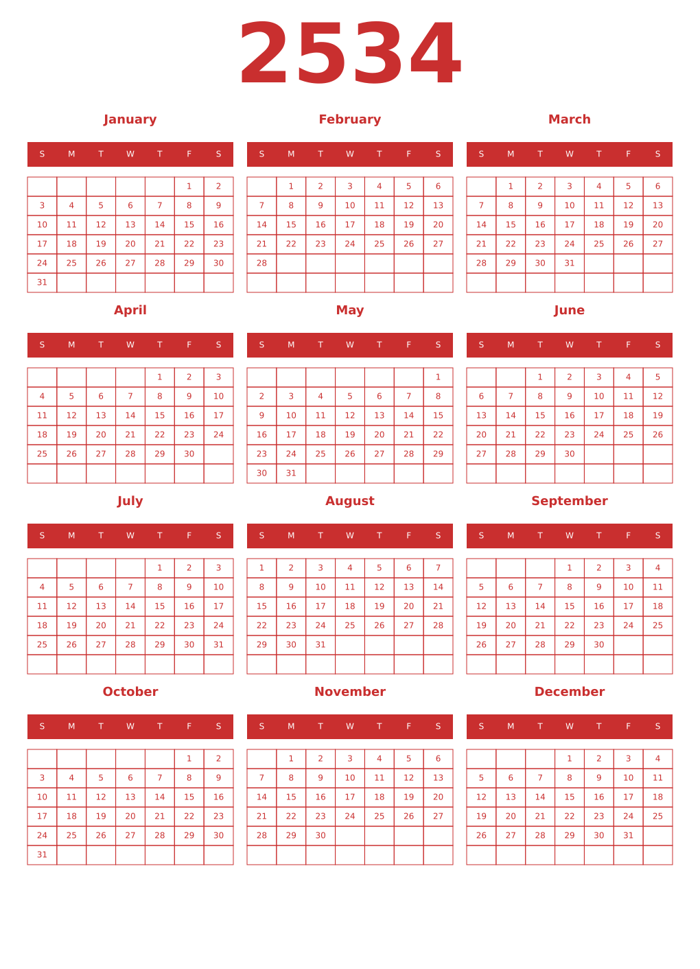 Printable 2534 Year Calendars red
