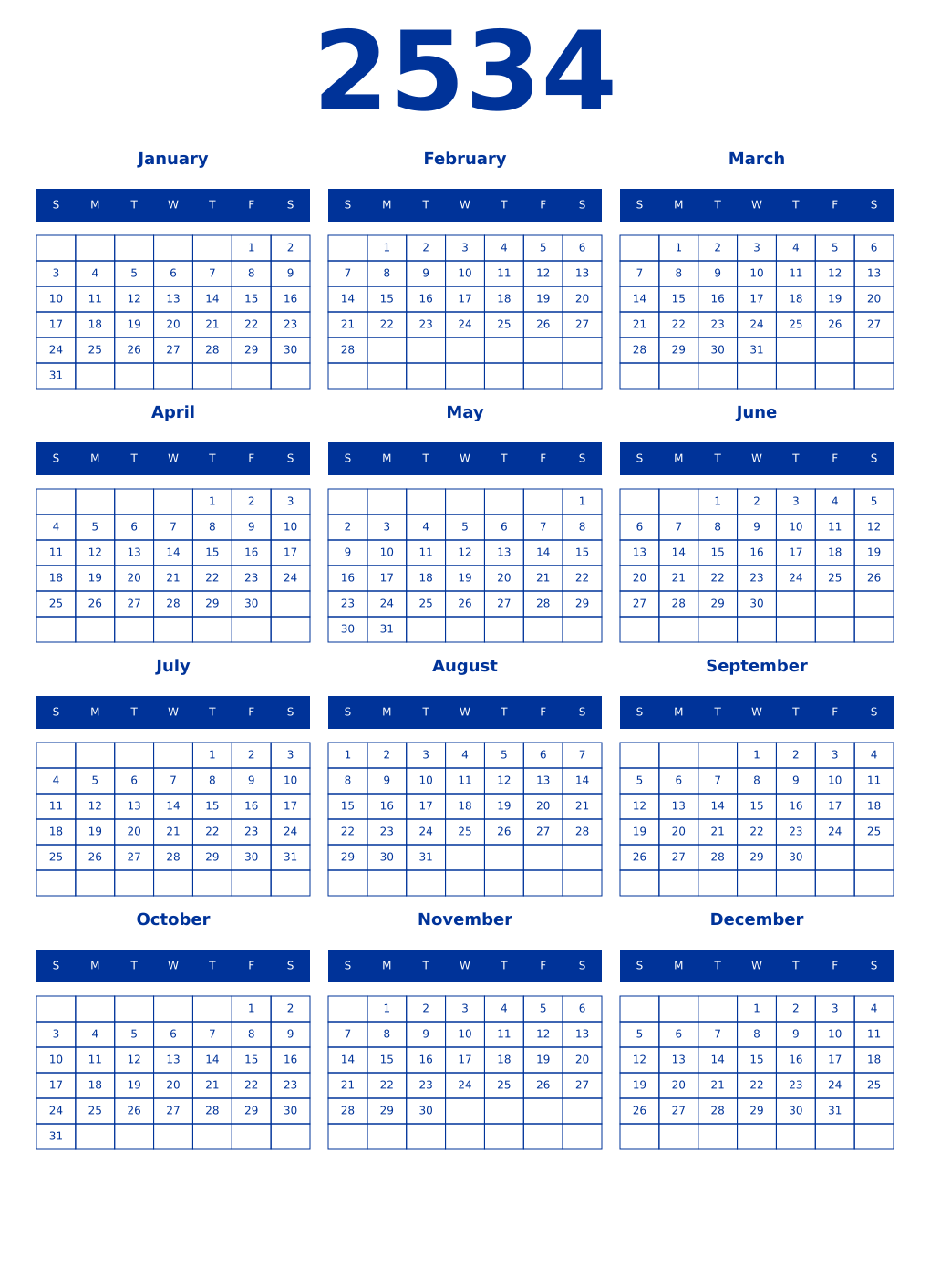Printable 2534 Year Calendars smalt