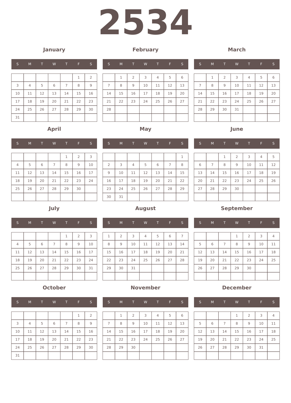 Printable 2534 Year Calendars wenge