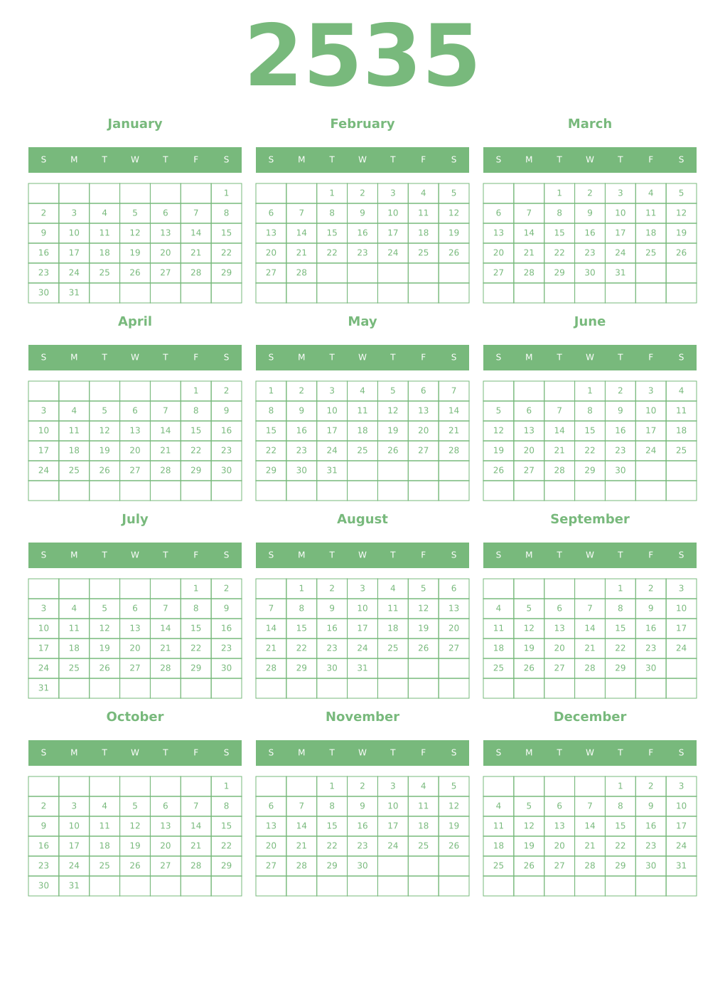 Printable 2535 Year Calendars celadon