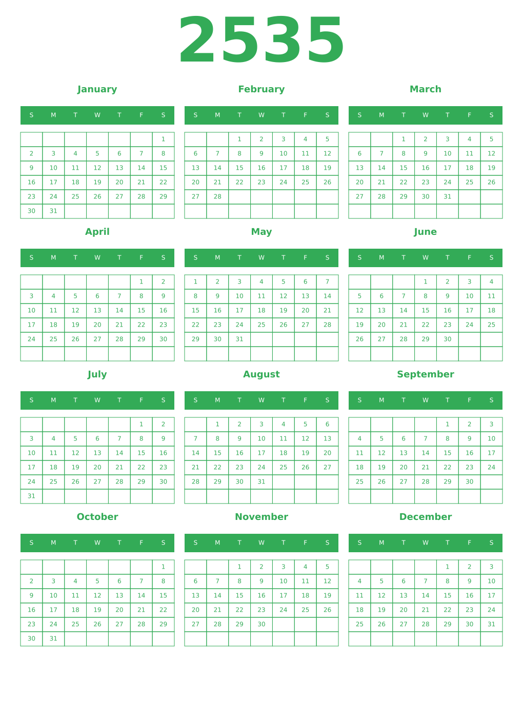 Printable 2535 Year Calendars green