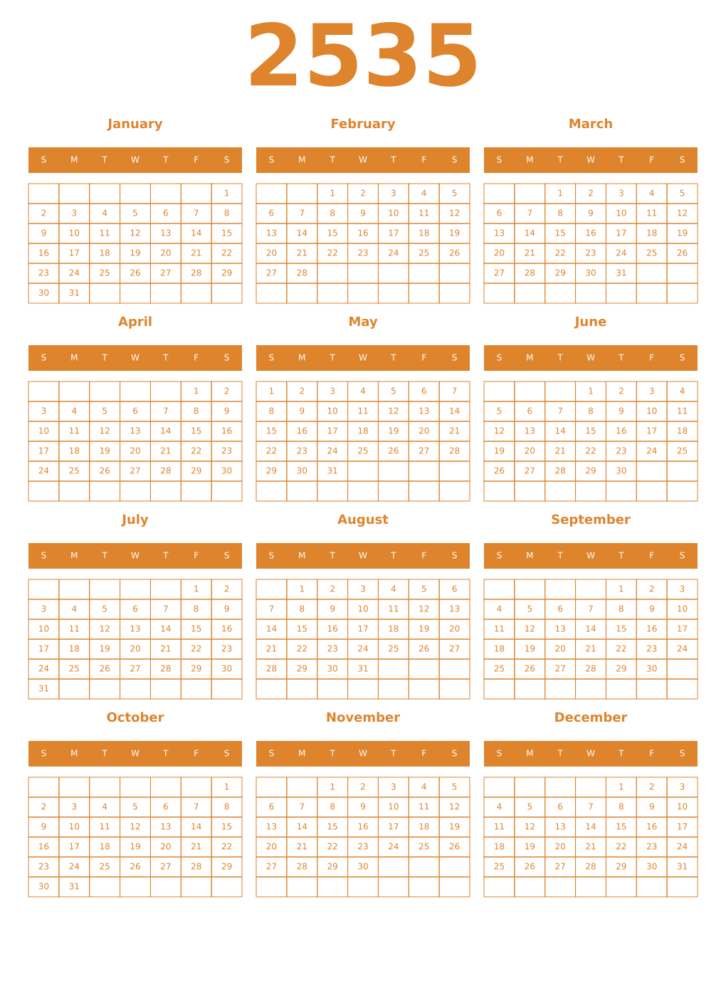 Printable 2535 Year Calendars orange