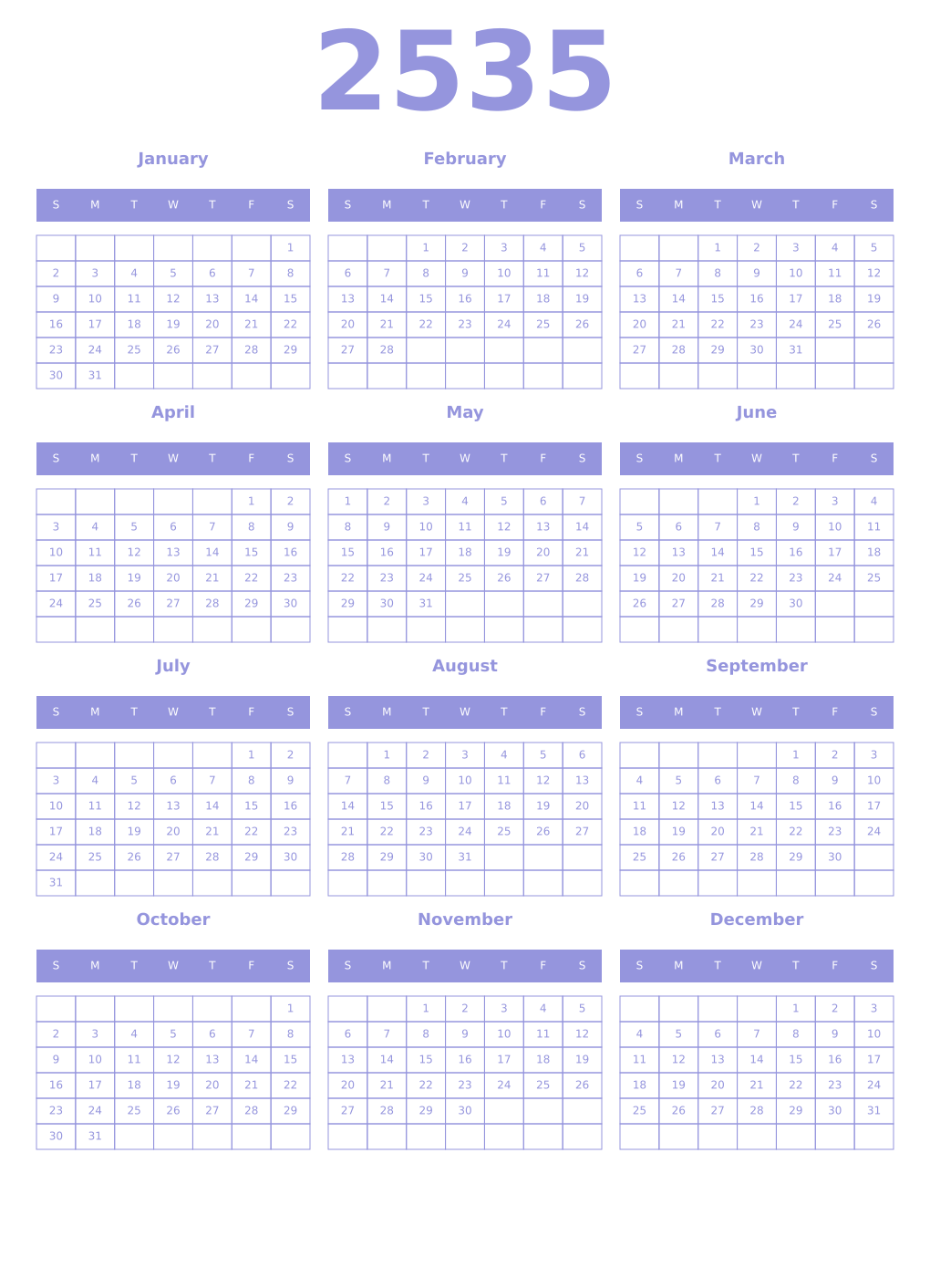 Printable 2535 Year Calendars periwinkle