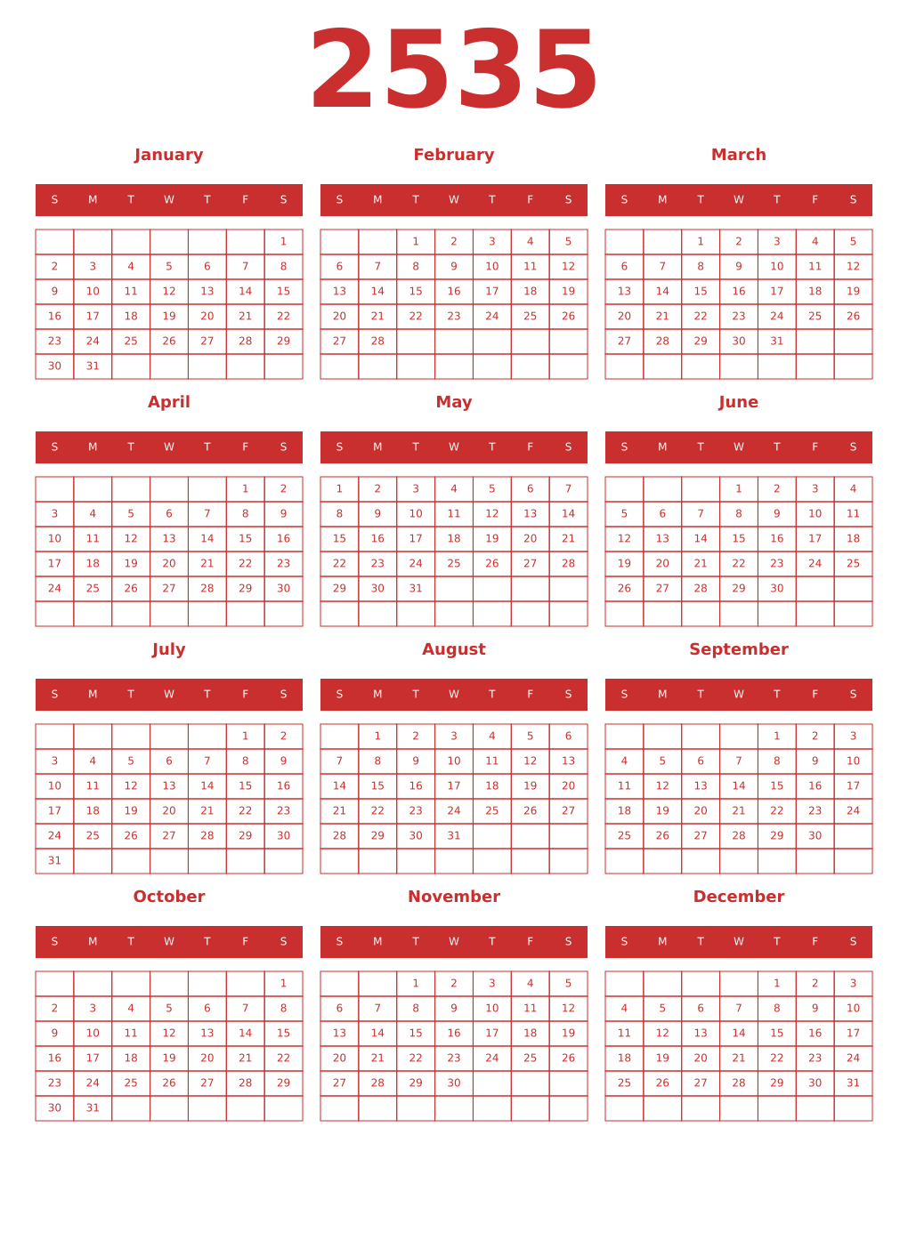 Printable 2535 Year Calendars red