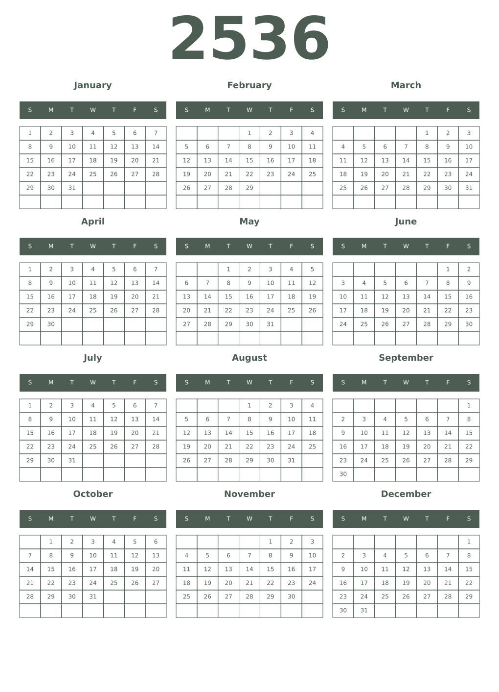 Printable 2536 Year Calendars feldgrau