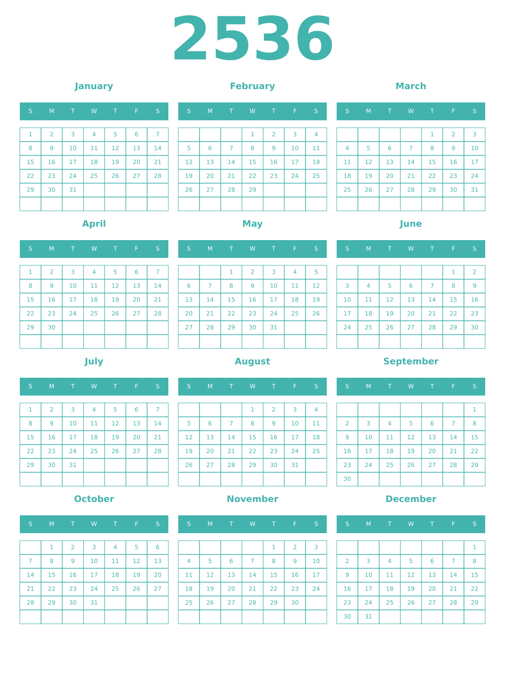 Printable 2536 Year Calendars verdigris