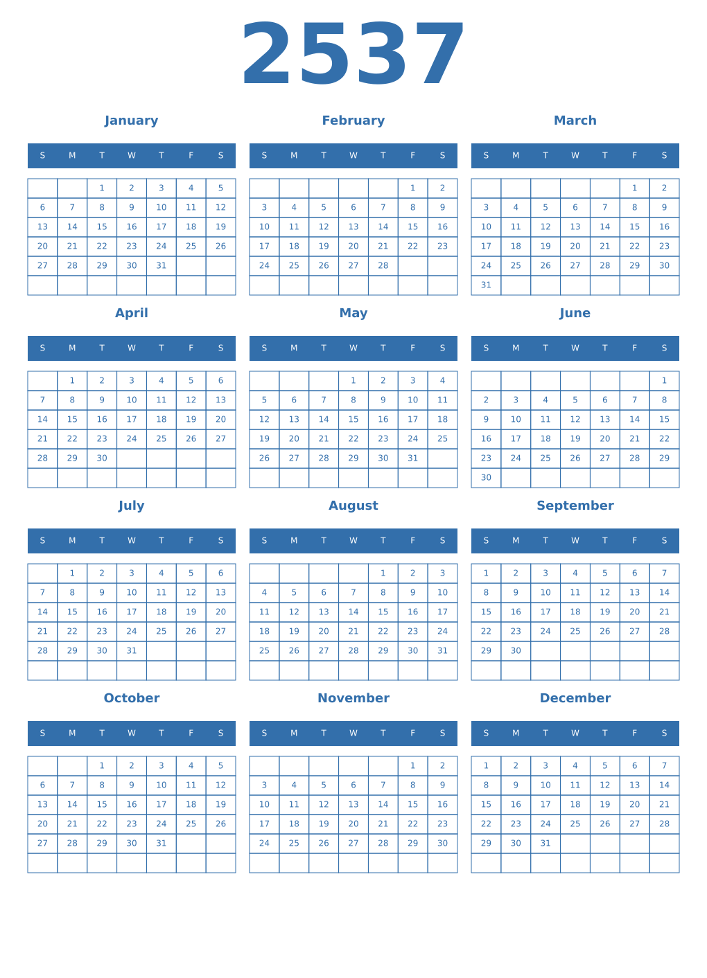 Printable 2537 Year Calendars blue
