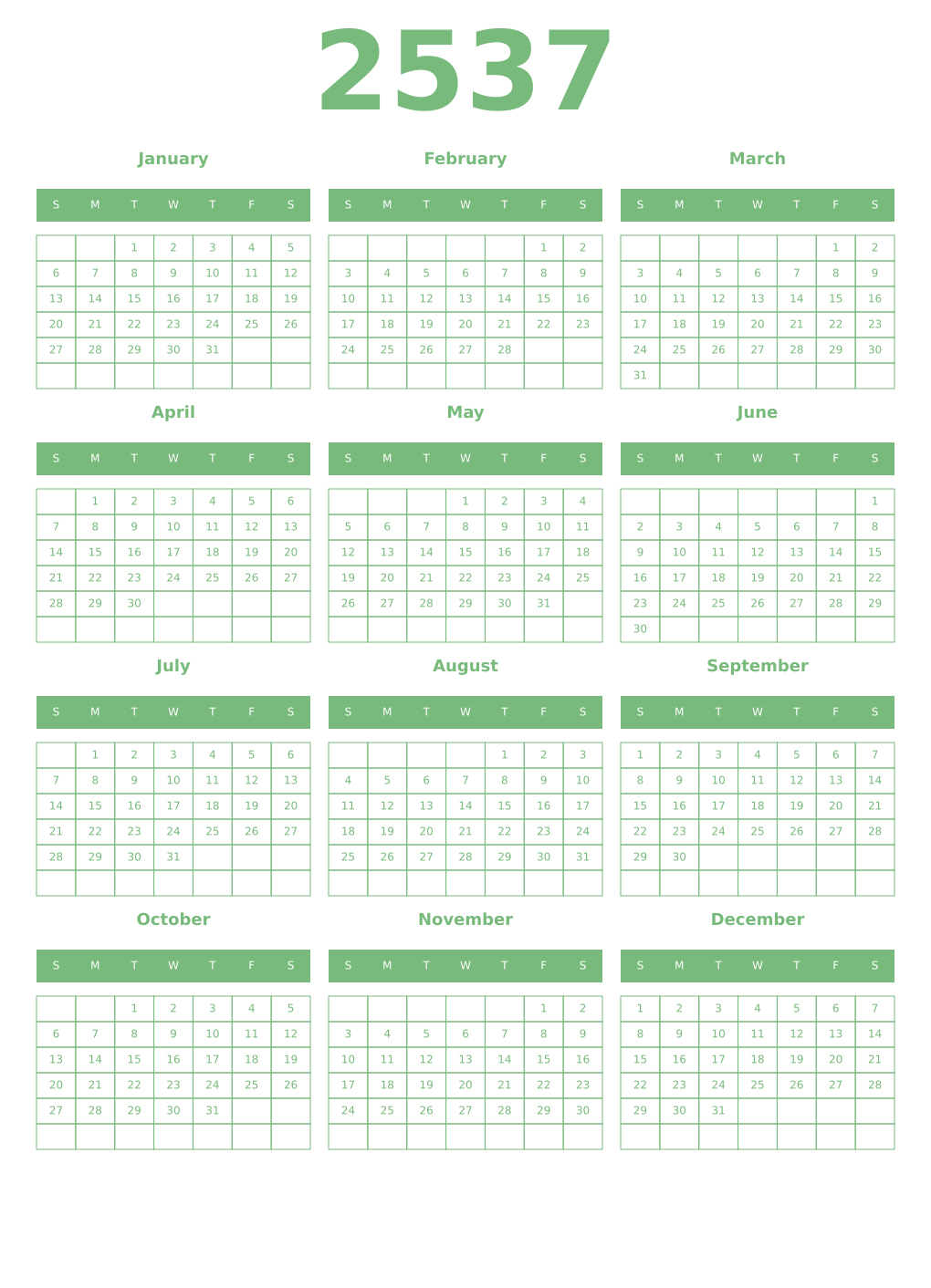 Printable 2537 Year Calendars celadon