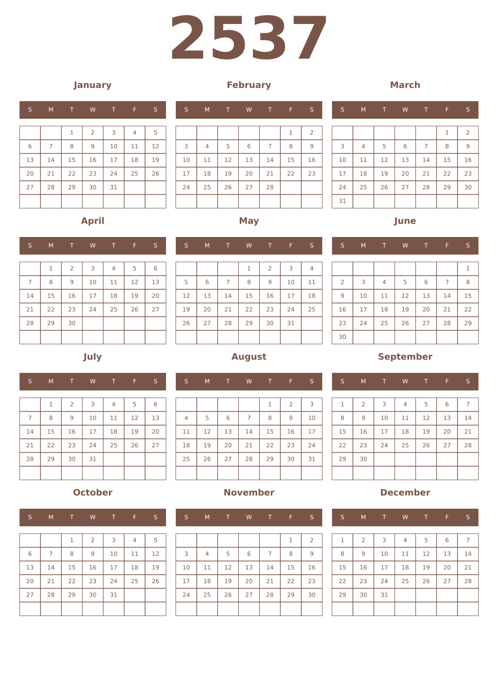 Printable 2537 Year Calendars coffe