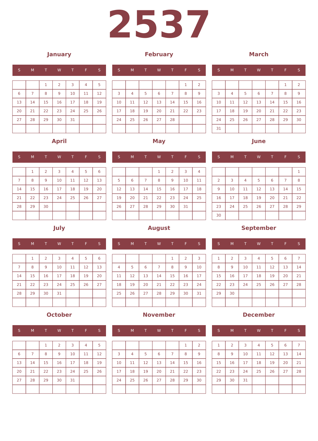 Printable 2537 Year Calendars cordovan