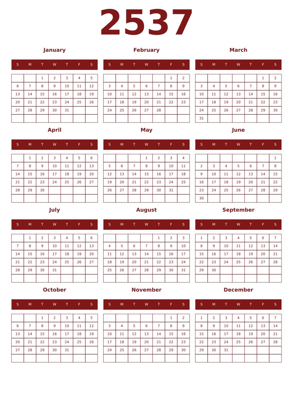 Printable 2537 Year Calendars falu
