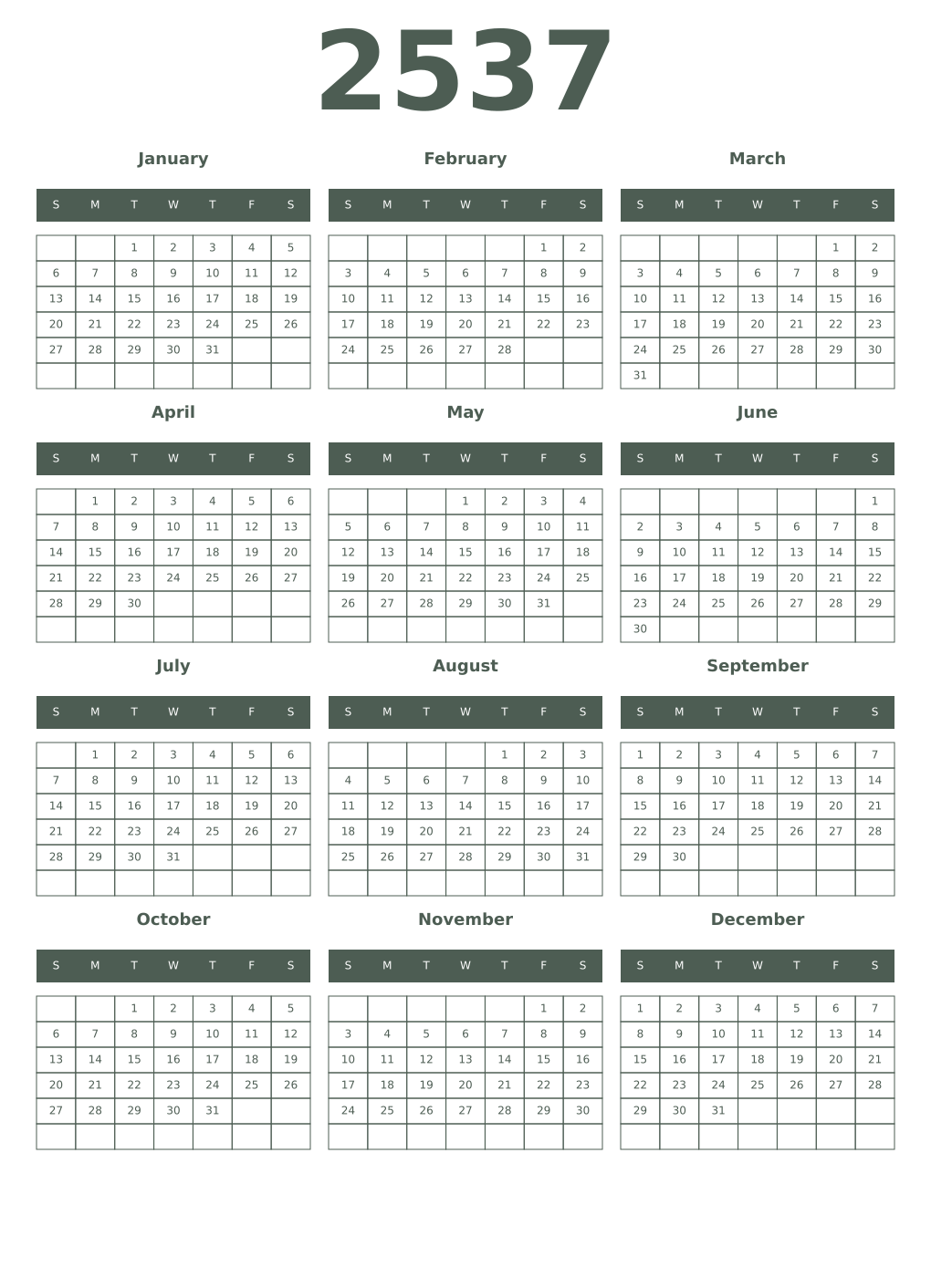 Printable 2537 Year Calendars feldgrau