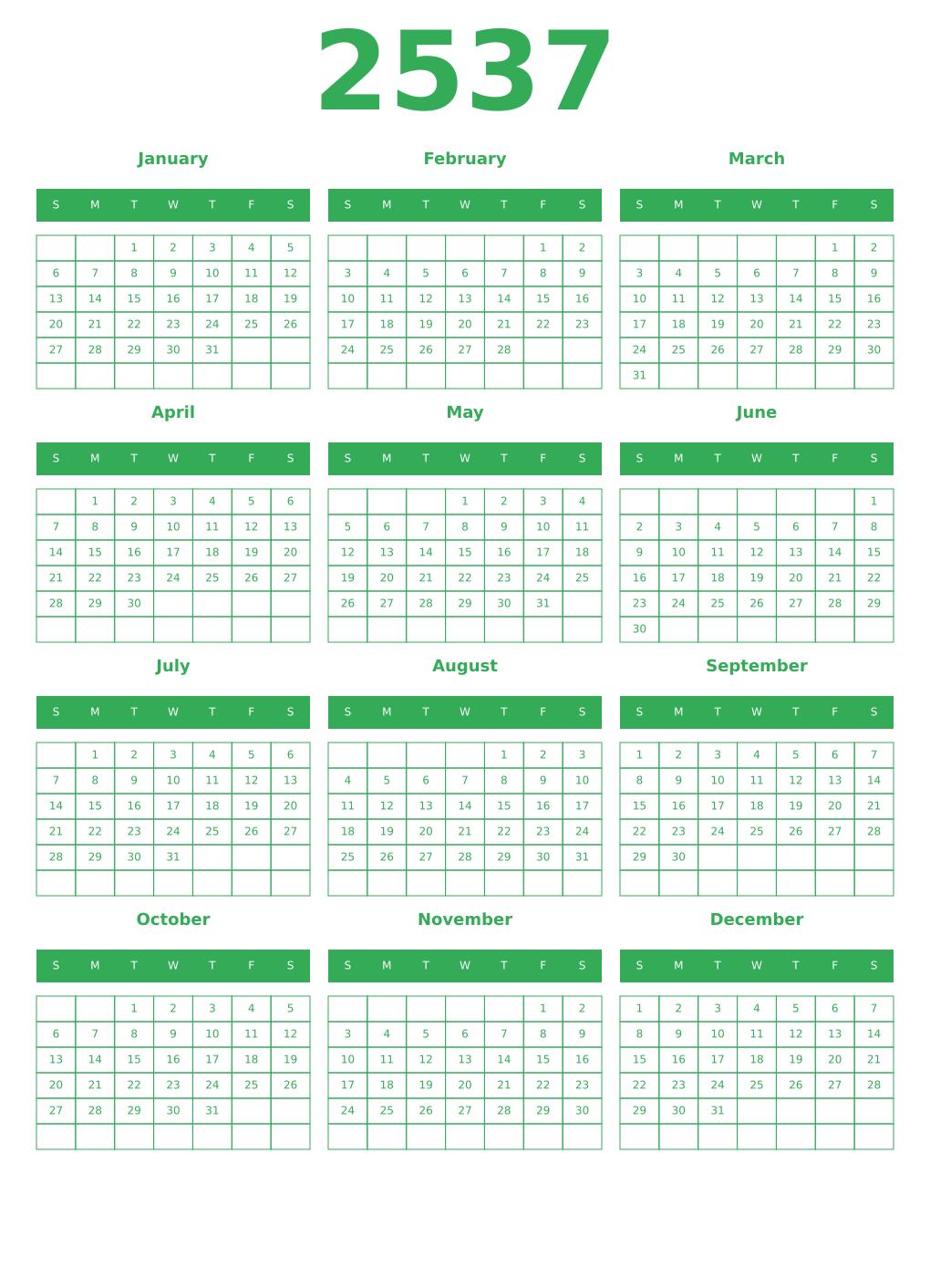 Printable 2537 Year Calendars green