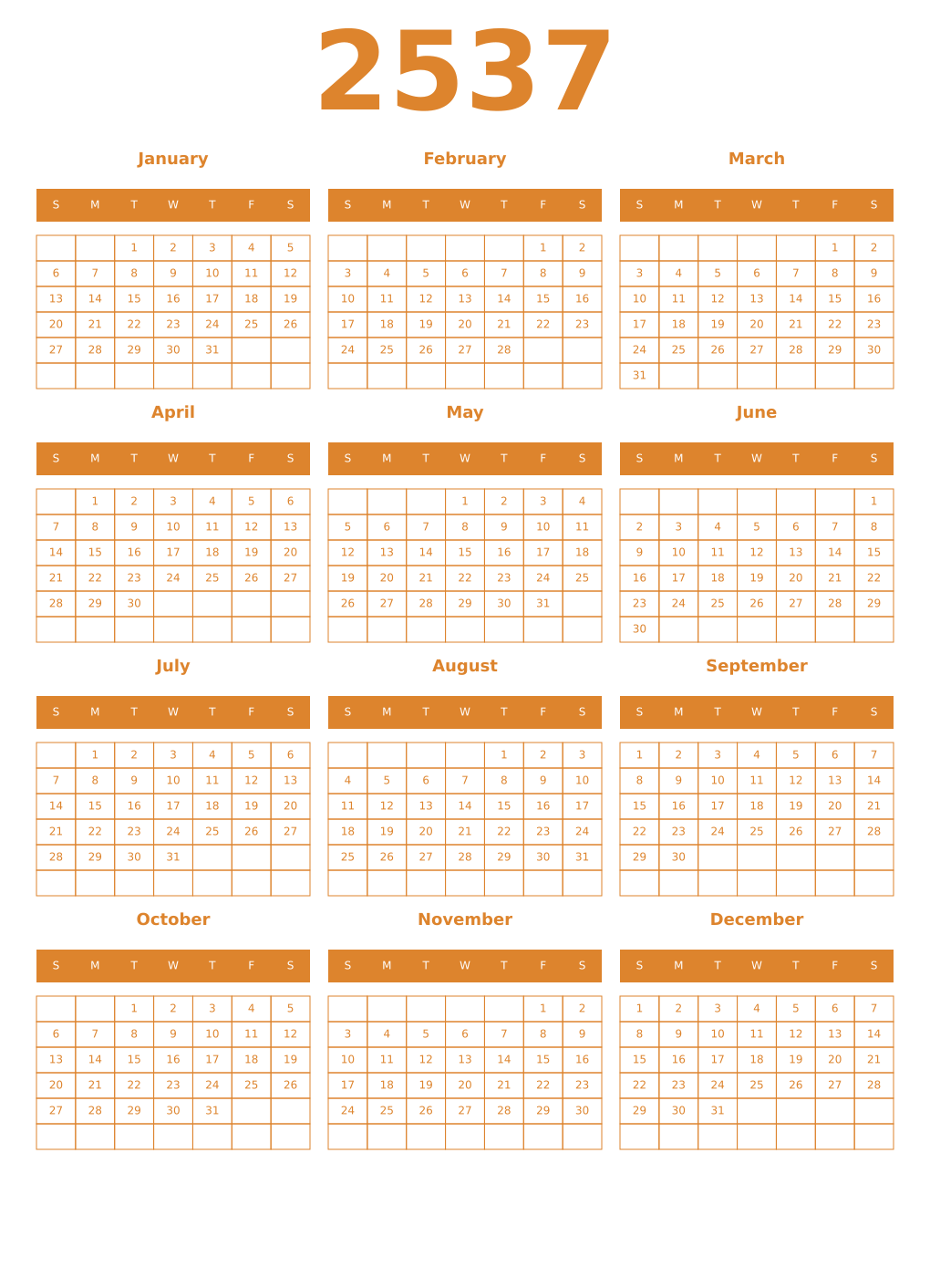 Printable 2537 Year Calendars orange
