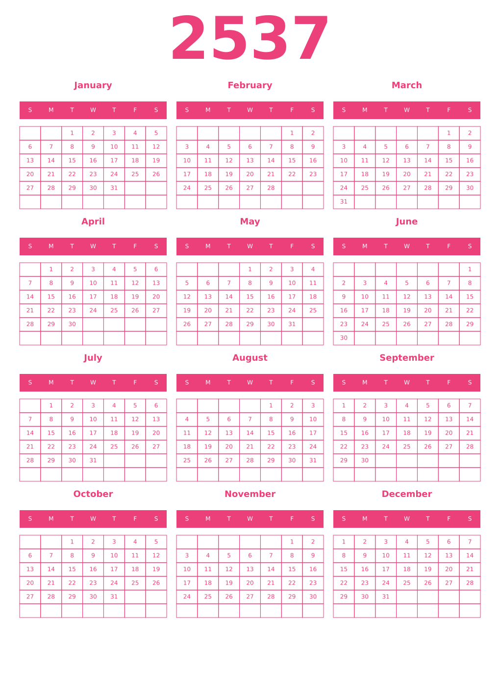 Printable 2537 Year Calendars pink