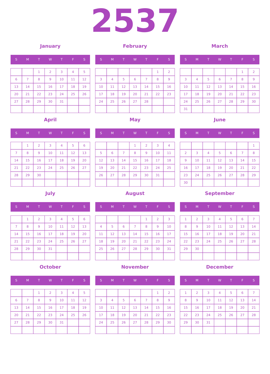 Printable 2537 Year Calendars purple