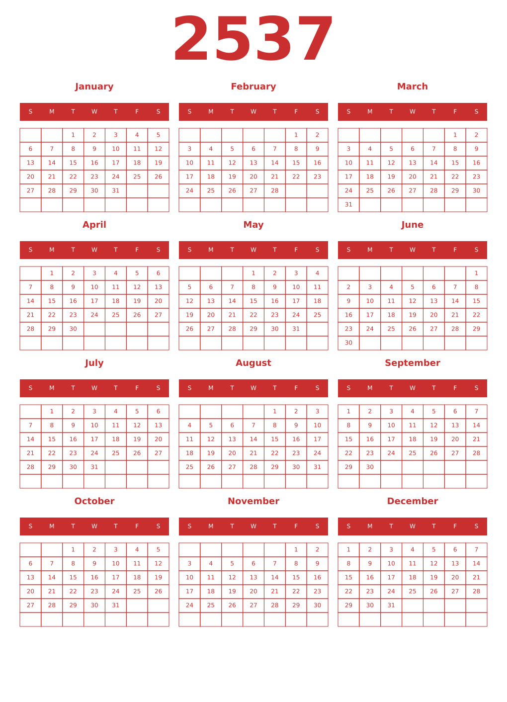 Printable 2537 Year Calendars red