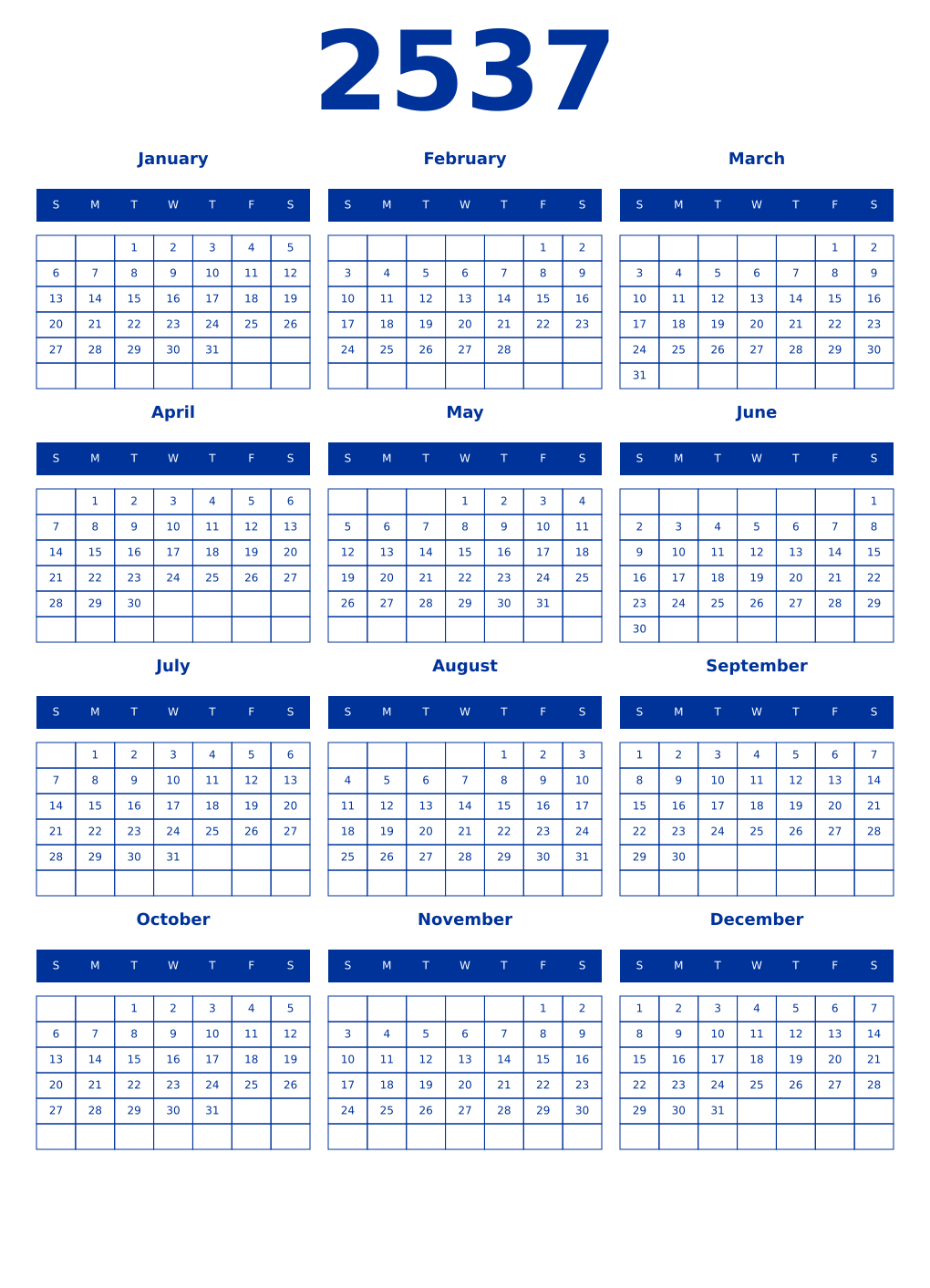 Printable 2537 Year Calendars smalt