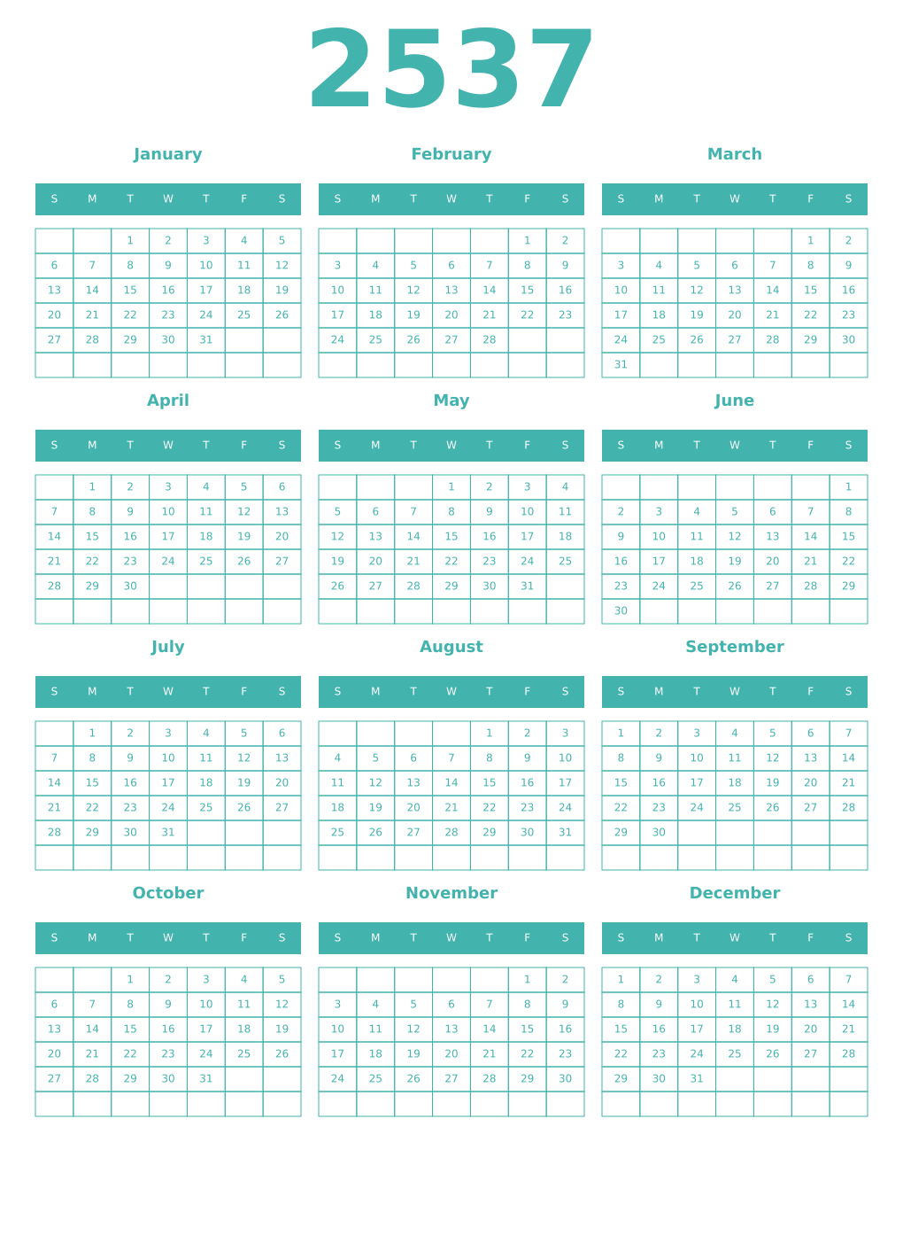 Printable 2537 Year Calendars verdigris