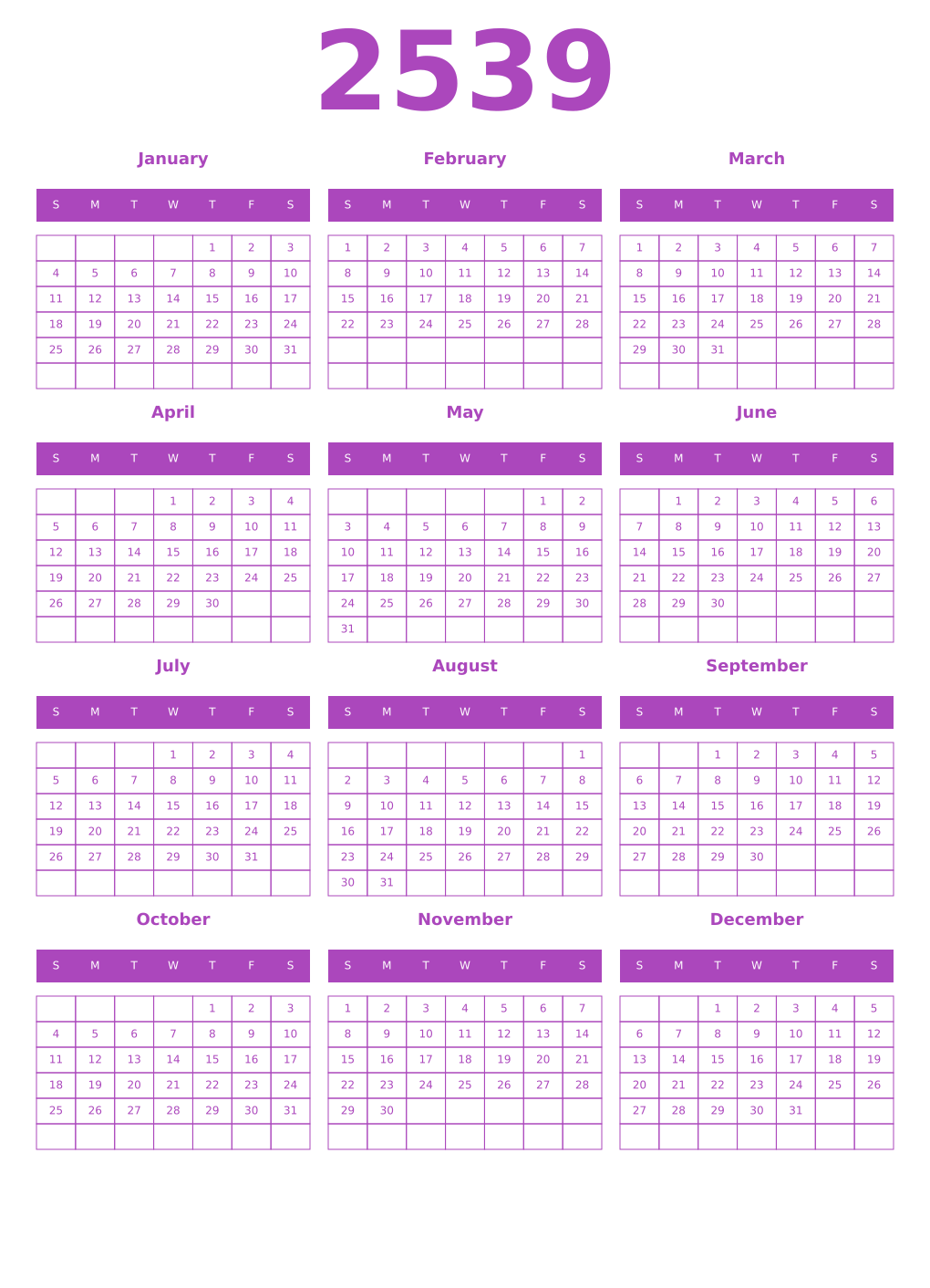 Printable 2539 Year Calendars purple