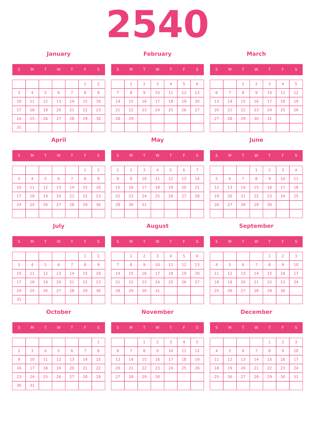 Printable 2540 Year Calendars pink