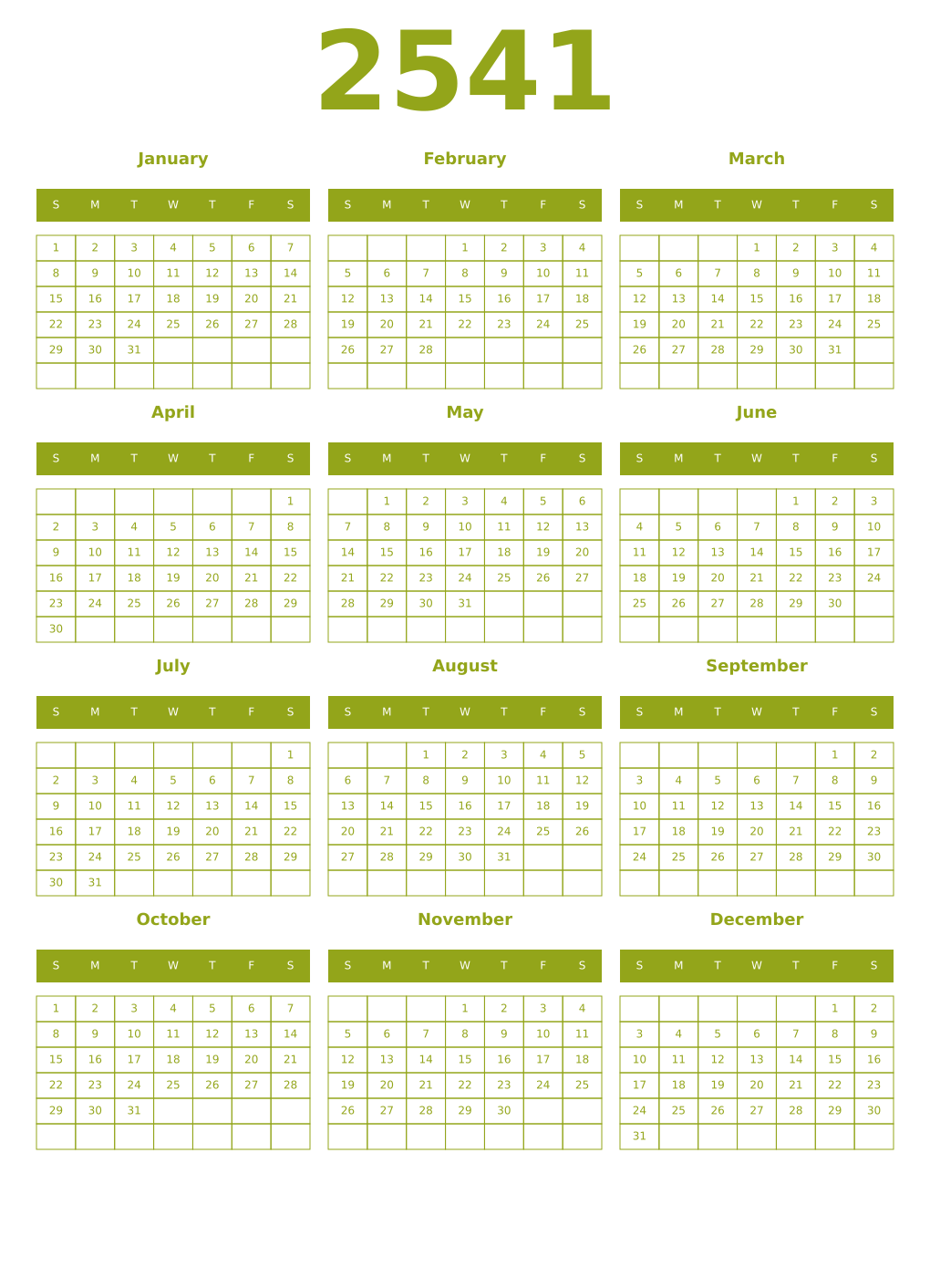 Printable 2541 Year Calendars chartreuse