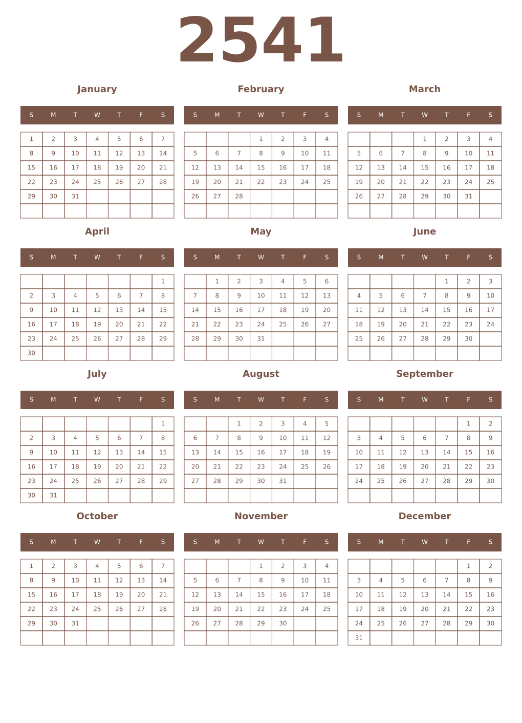 Printable 2541 Year Calendars coffe