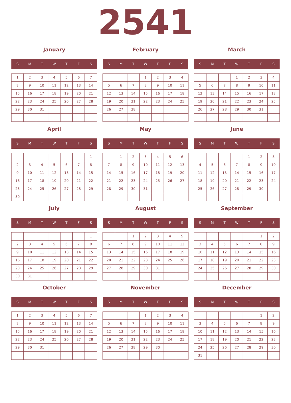 Printable 2541 Year Calendars cordovan
