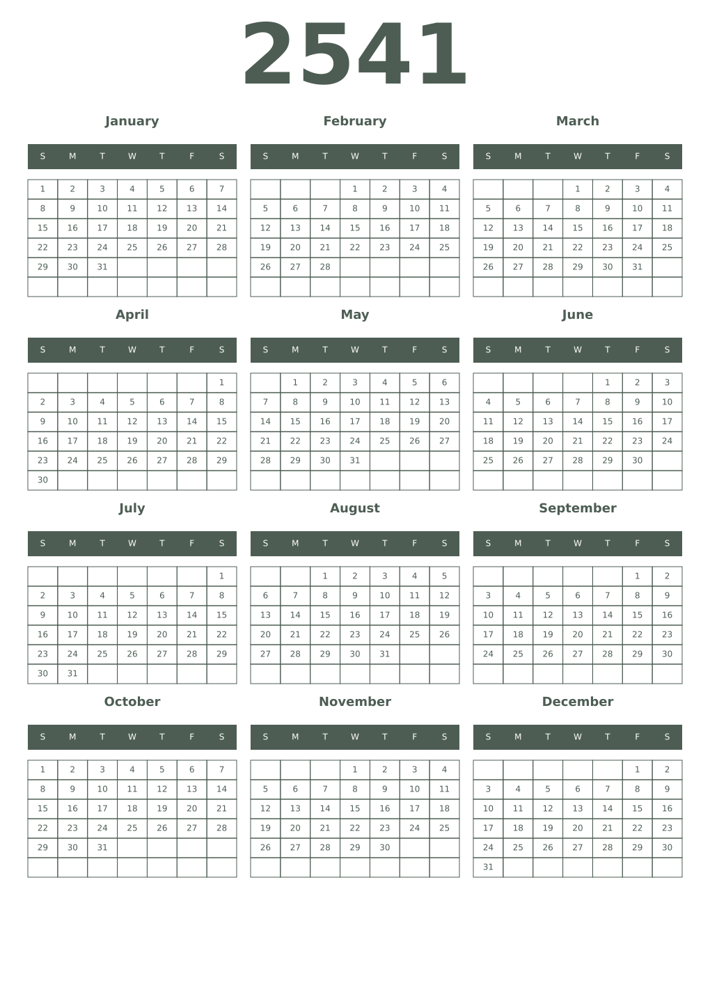 Printable 2541 Year Calendars feldgrau