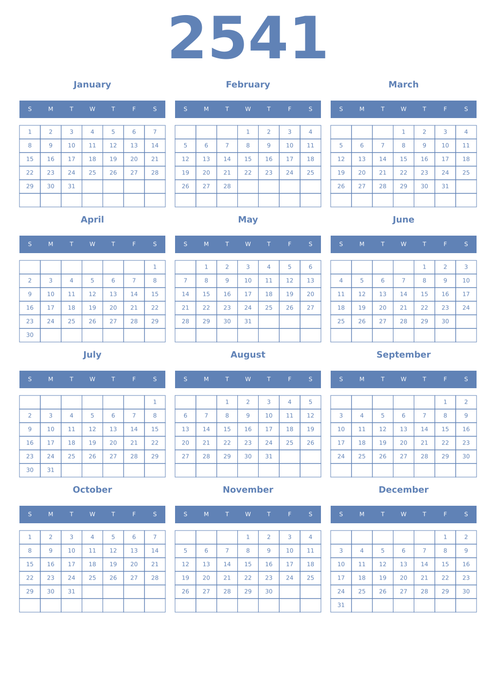 Printable 2541 Year Calendars glaucous