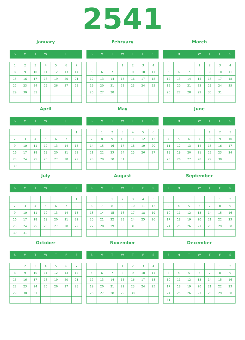 Printable 2541 Year Calendars green