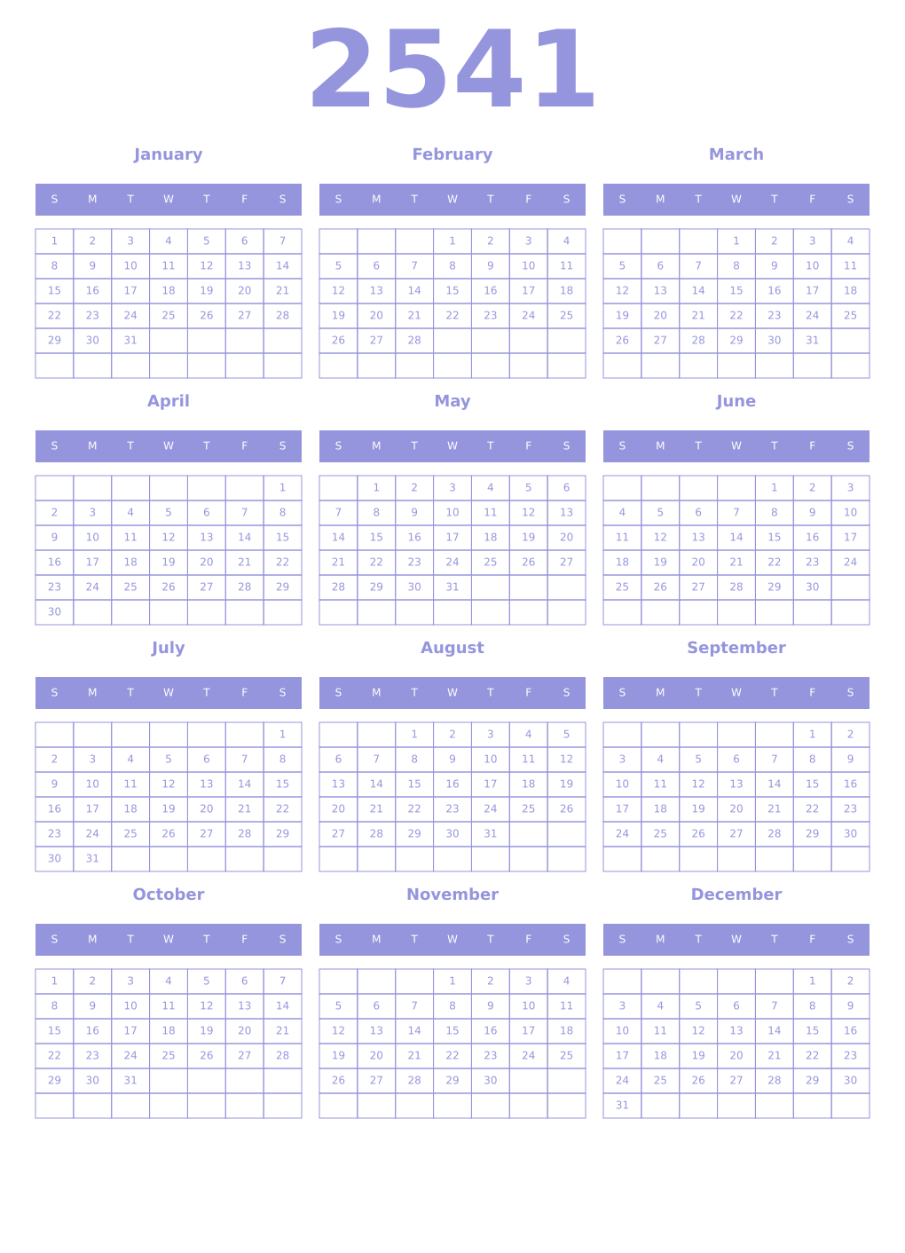 Printable 2541 Year Calendars periwinkle