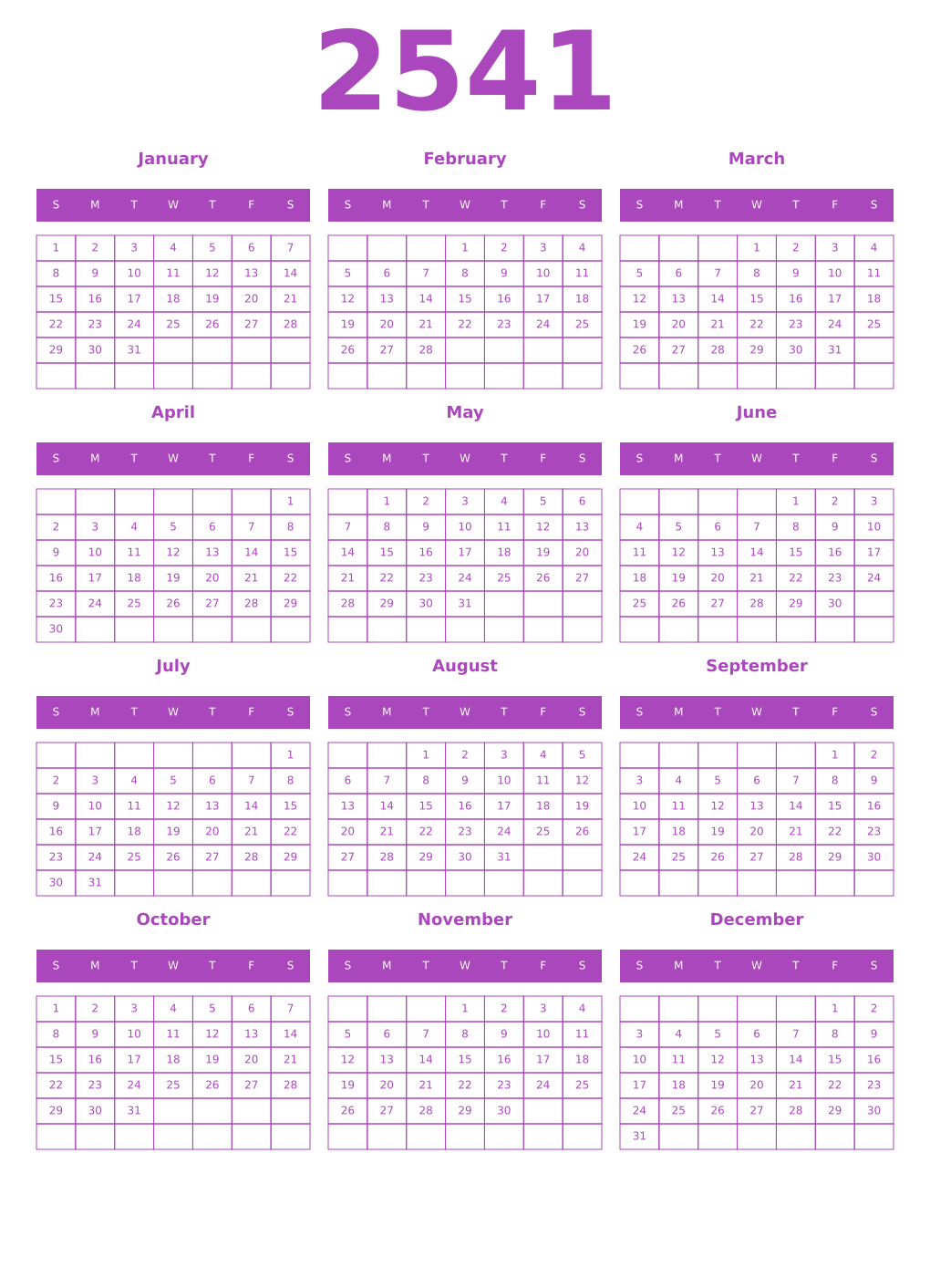 Printable 2541 Year Calendars purple
