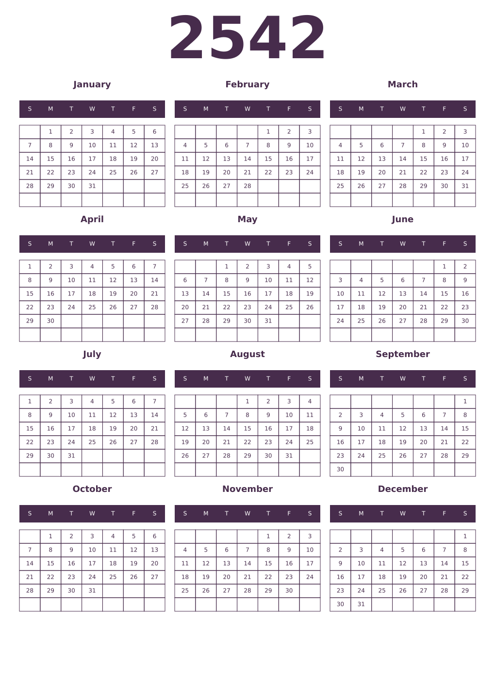 Printable 2542 Year Calendars aubergine