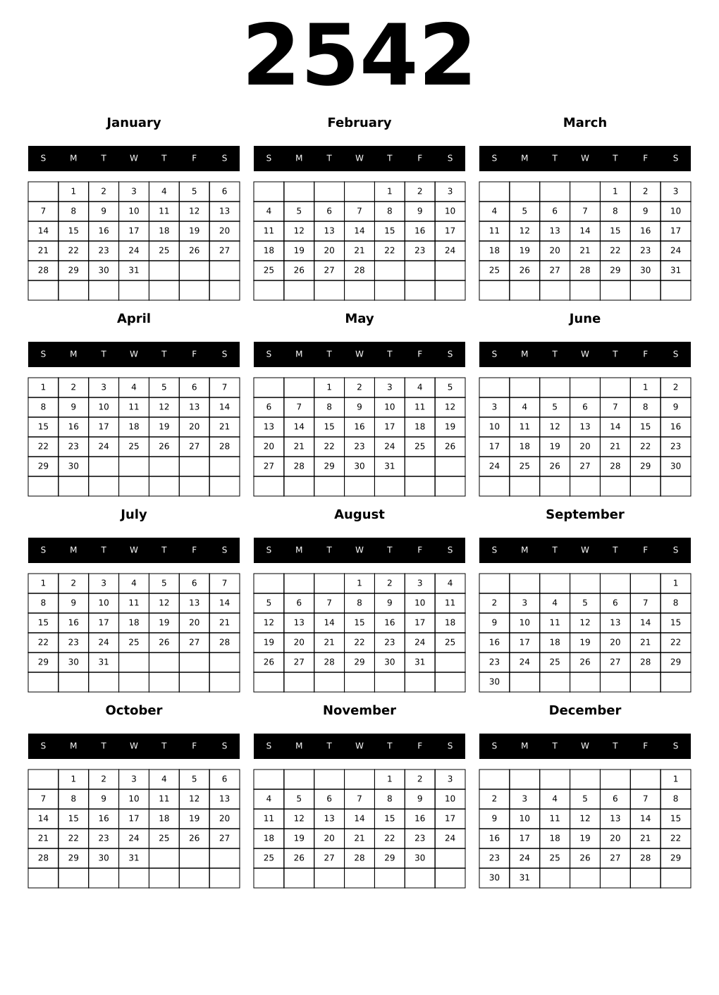 Printable 2542 Year Calendars black