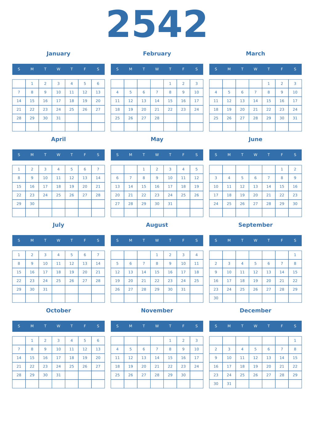 Printable 2542 Year Calendars blue