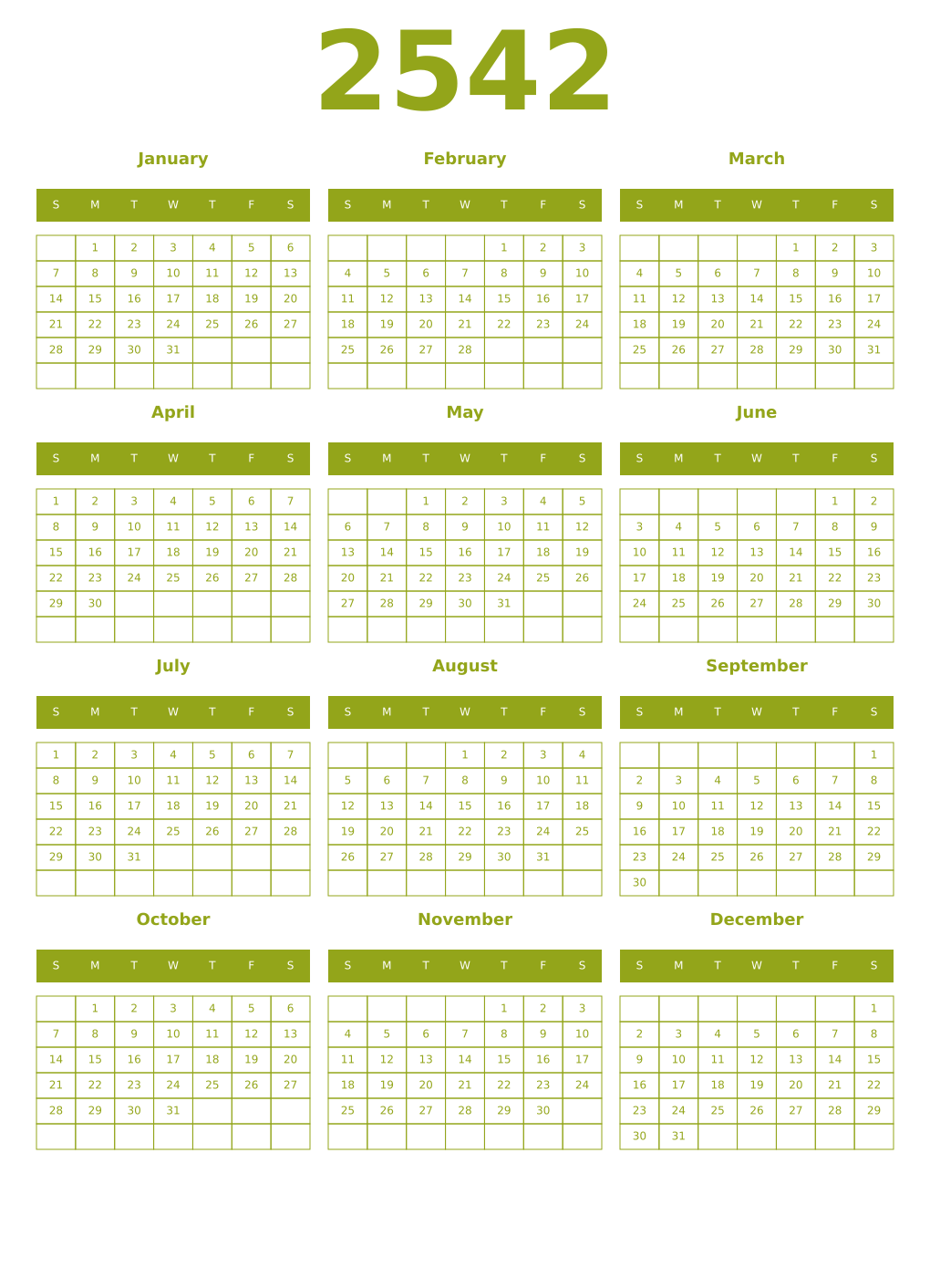 Printable 2542 Year Calendars chartreuse